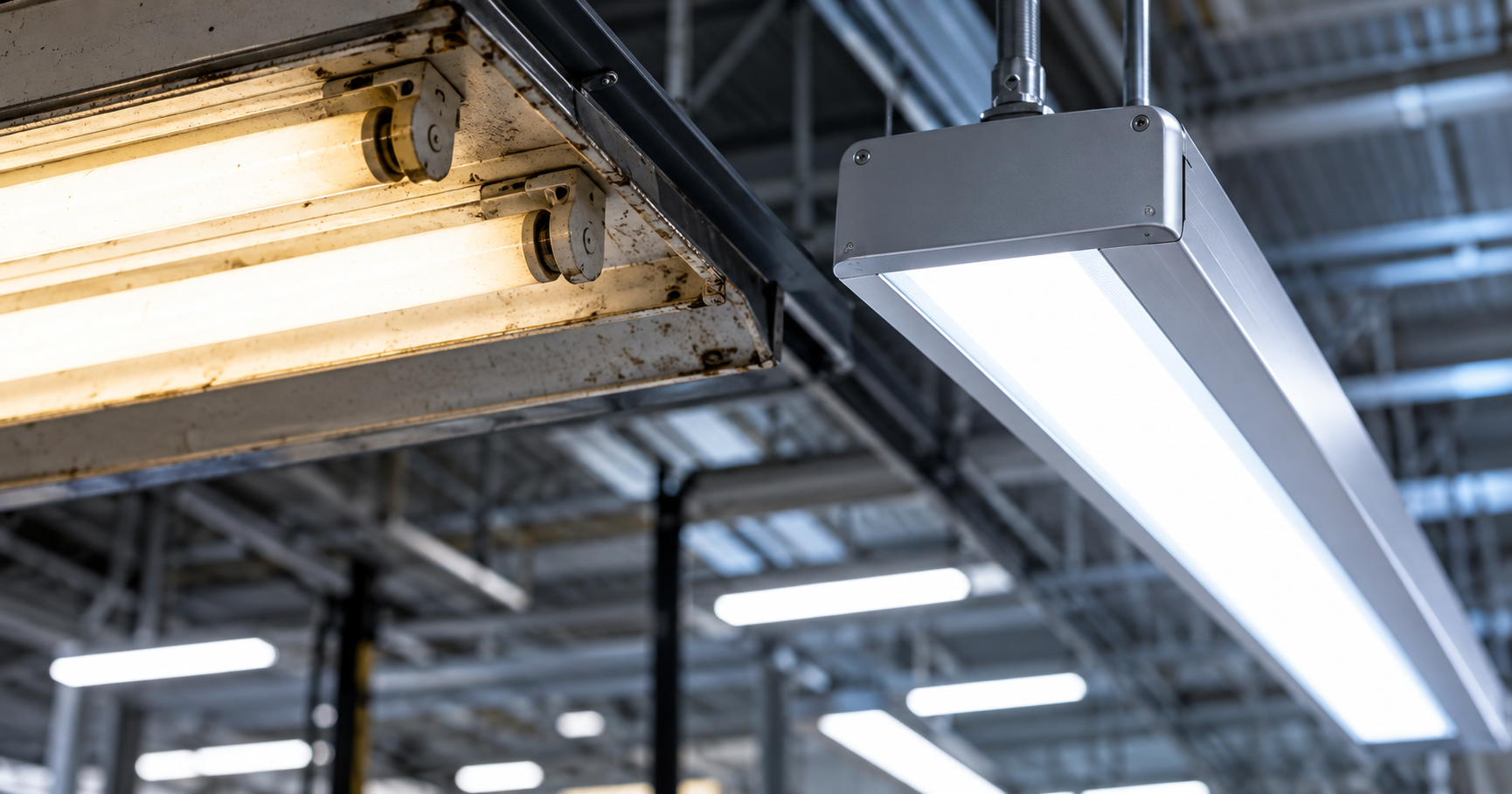 Old fluorescent lighting fixture beside a modern LED luminaire in an industrial building